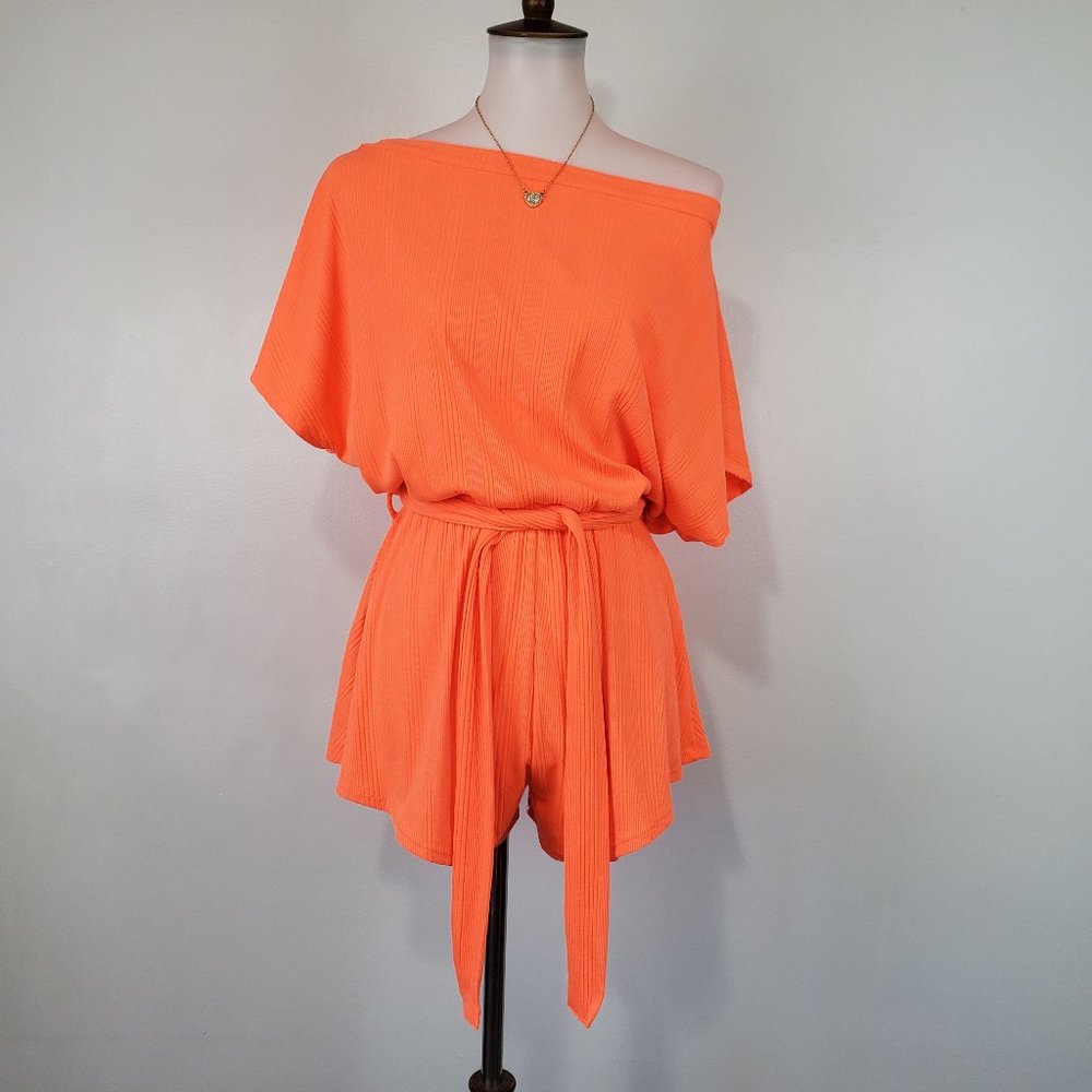 Fashion Nova Pro Lounger Belted Neon Orange Casual Lounge Knit Romper Size XS